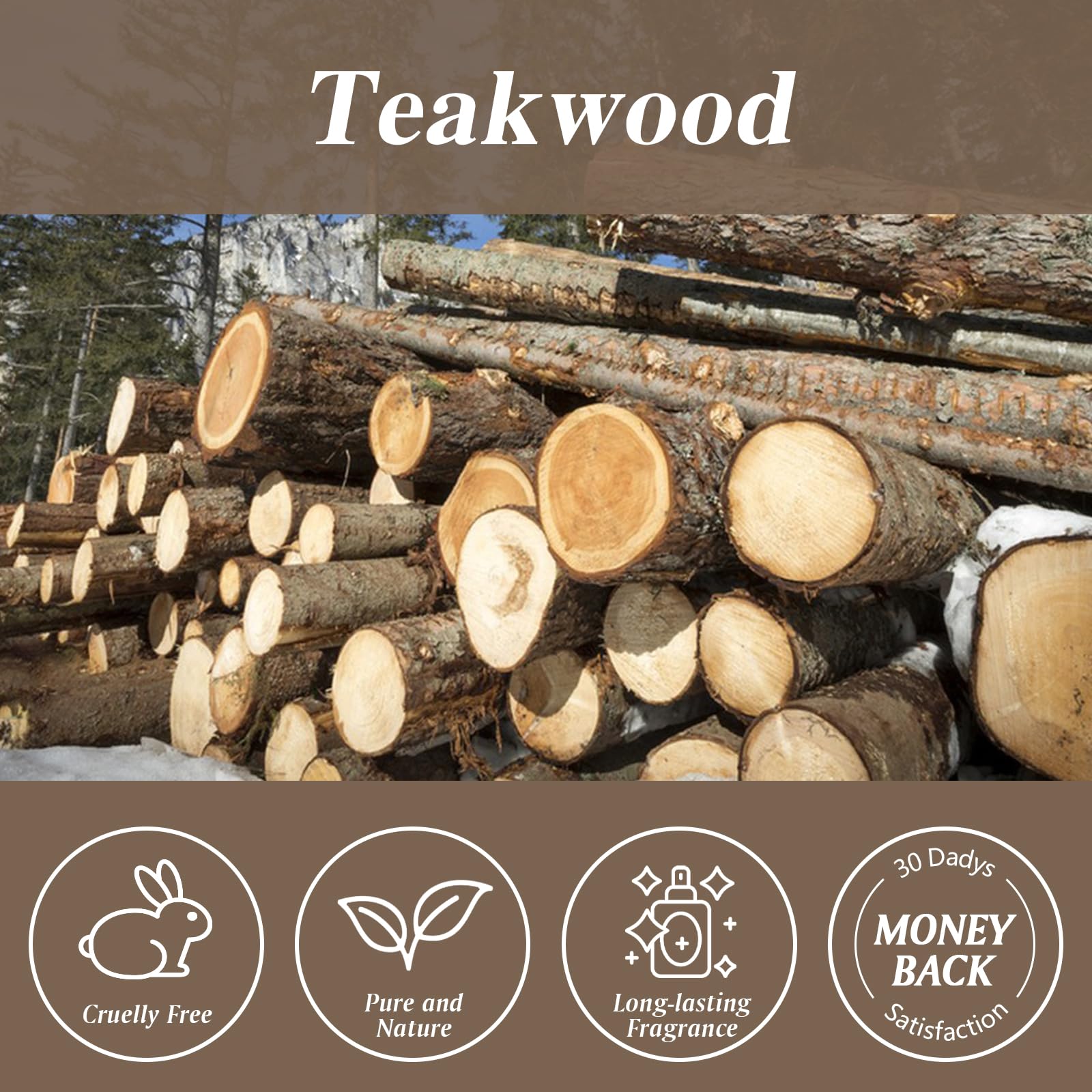 Close-up of teakwood fragrance oil bottle