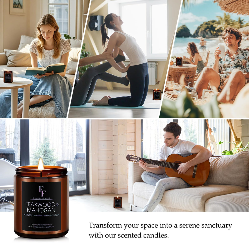 Decorative home ambiance with a lit Teakwood & Mahogany candle