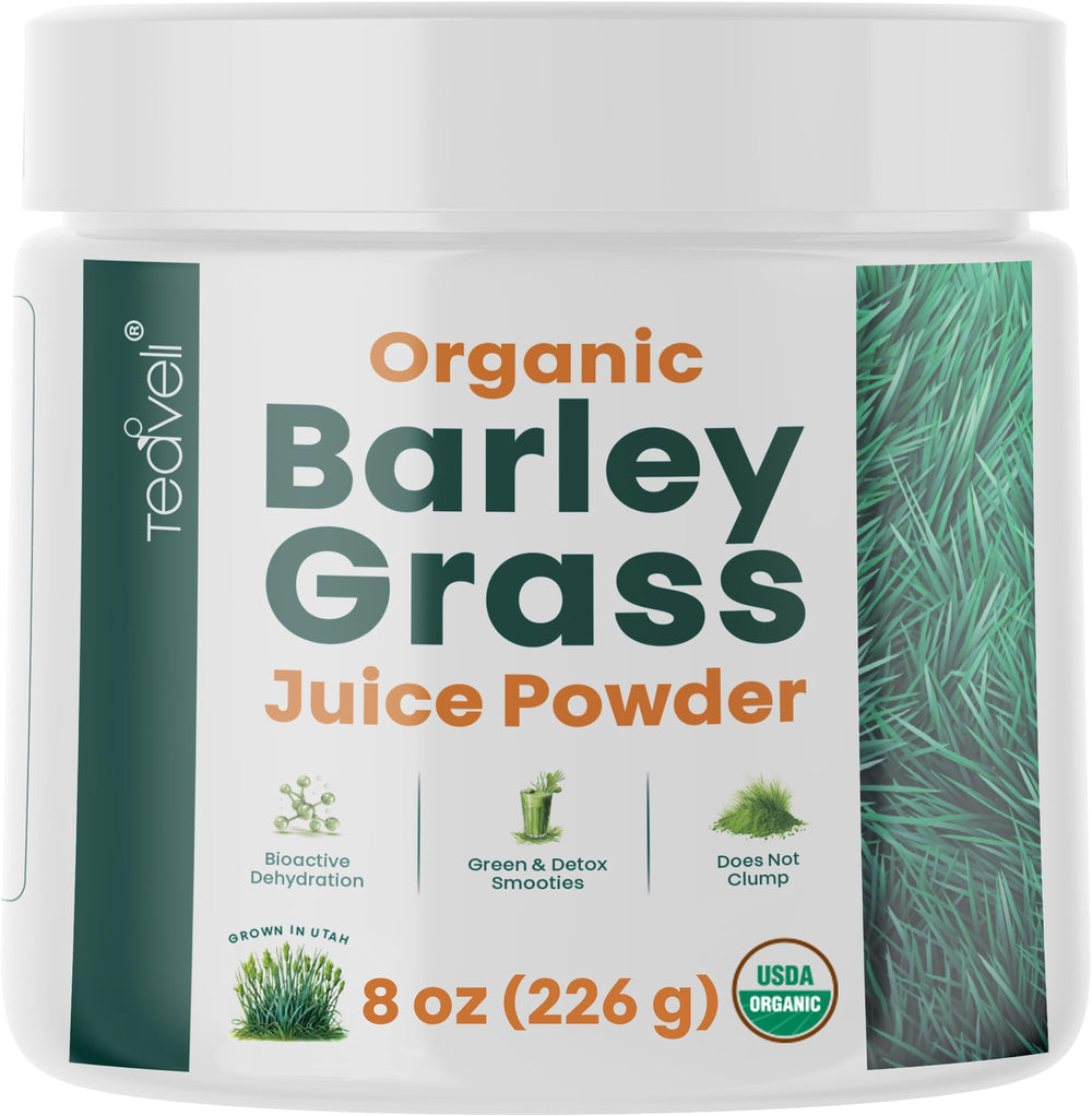 Teaveli Organic Barley Grass Juice Powder in an 8 oz jar