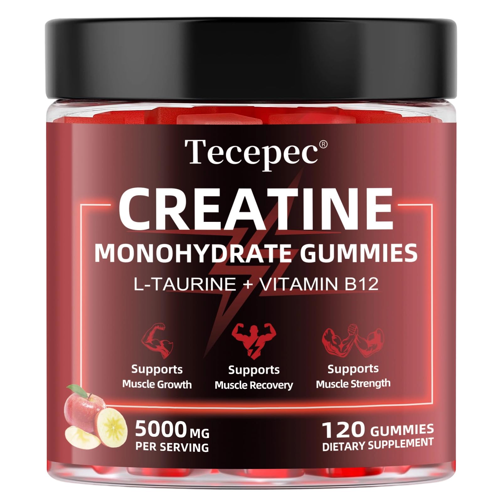 Tecepec gummies front packaging showing bottle and apple flavor benefits
