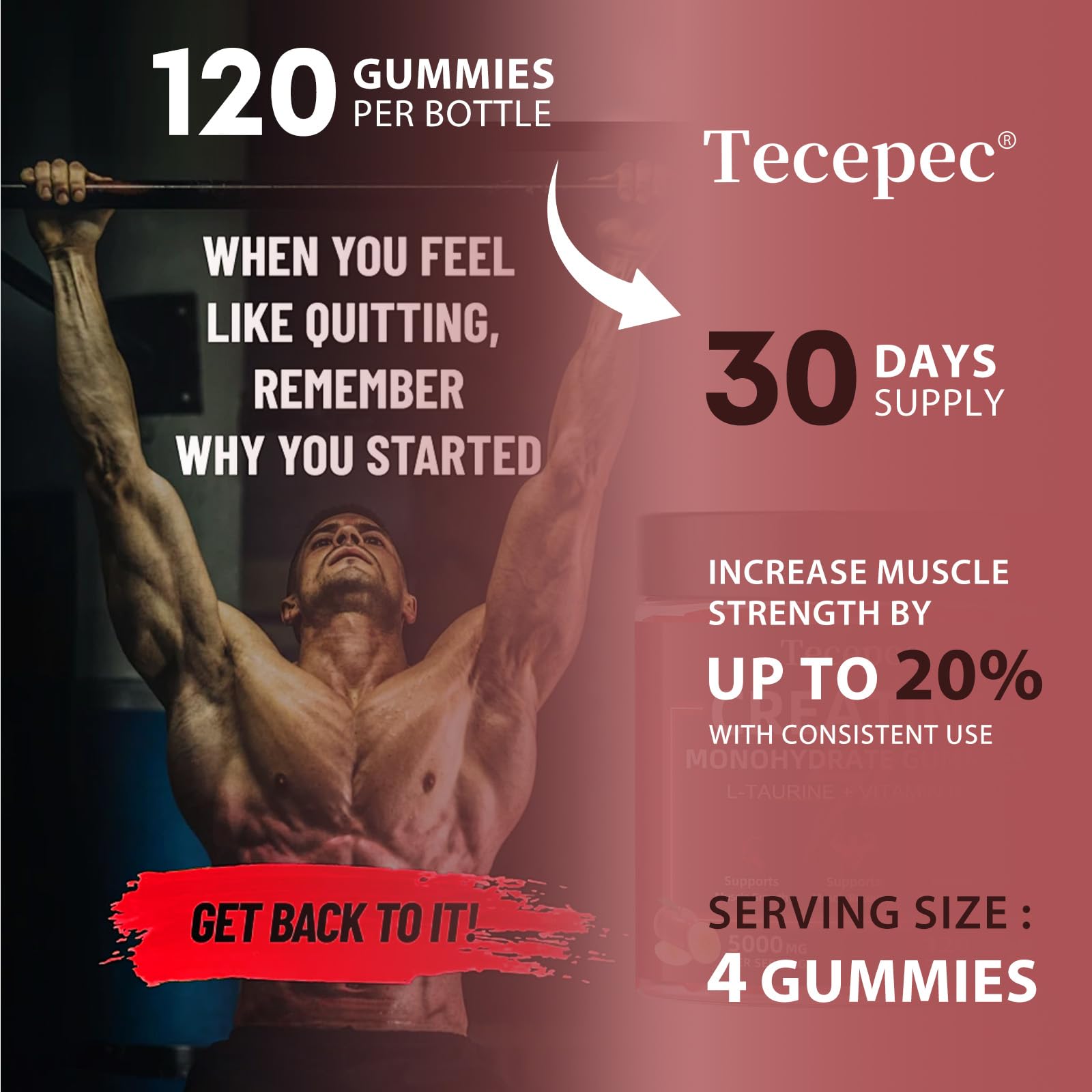 Four Tecepec gummies on spoon illustrating the 5,000 mg serving
