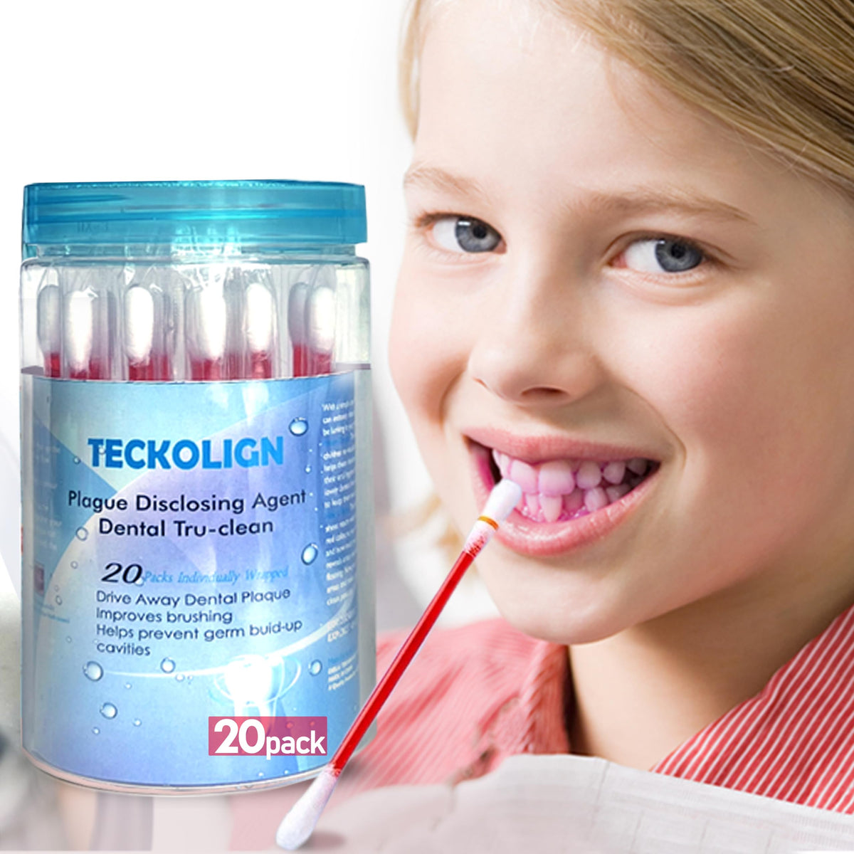 Bottle of Teckolign plaque disclosing agent with 20 cotton swabs