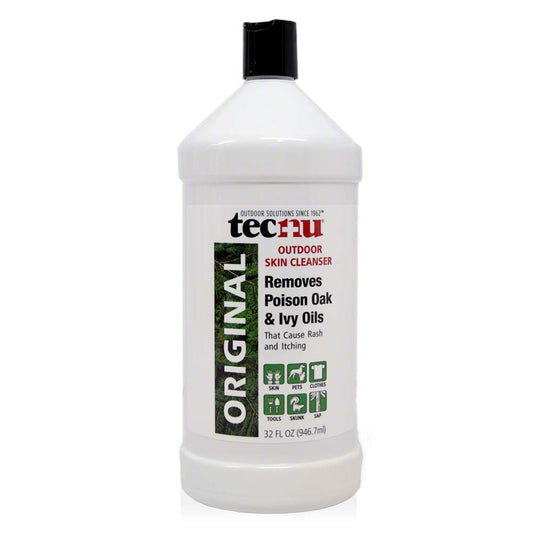 Tecnu Original bottle close-up showing 32 oz for skin and gear decontamination.