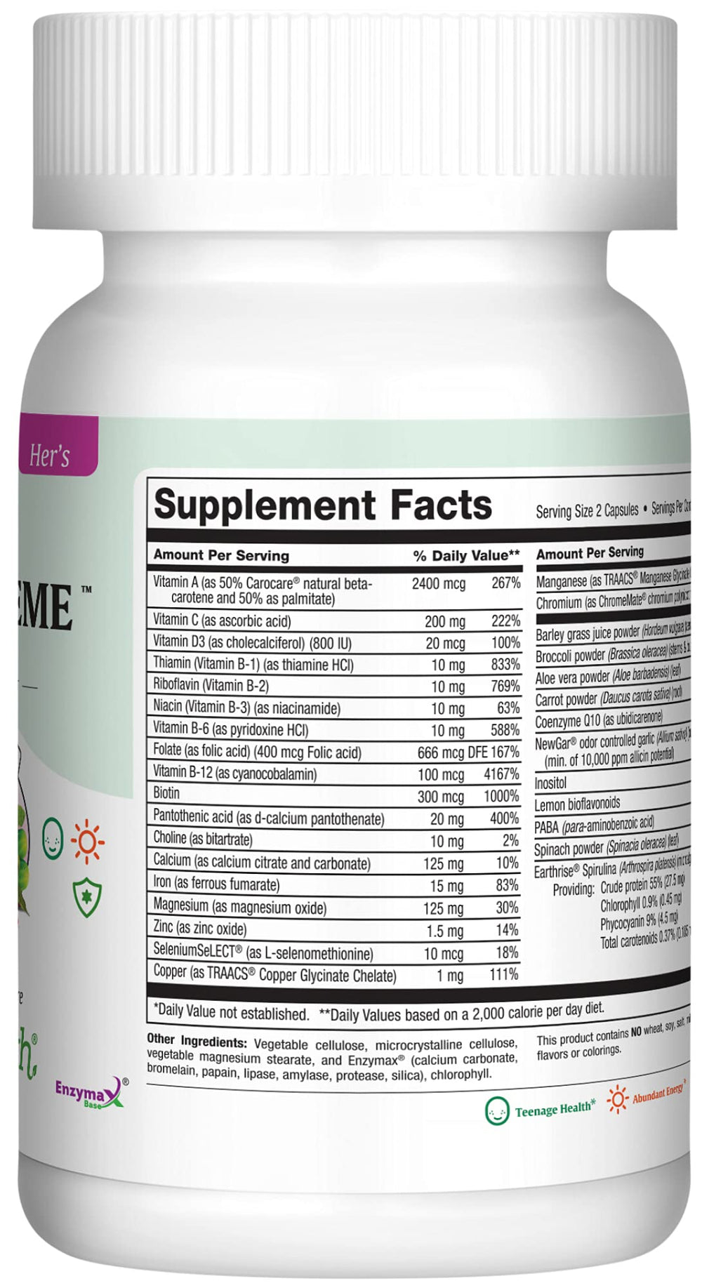 Nutrition facts panel on teen multivitamin bottle