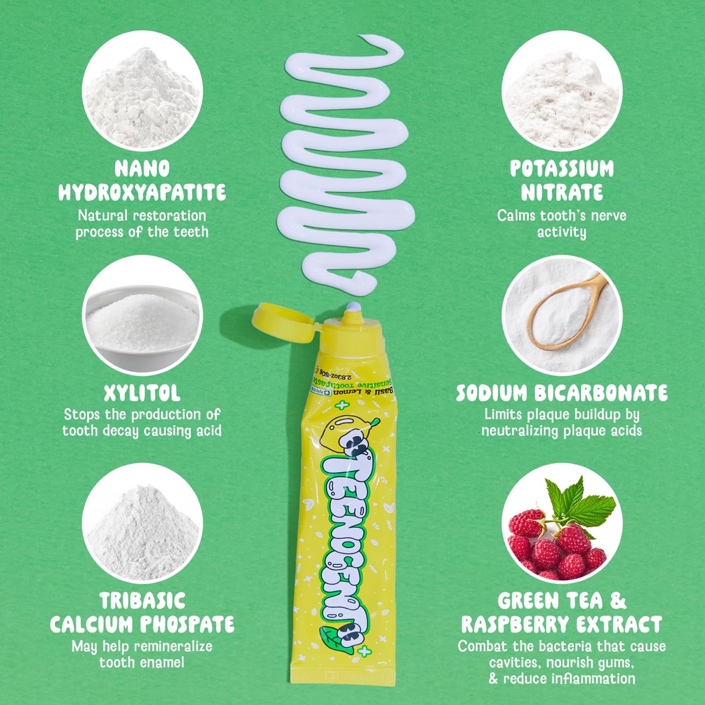 Ingredients and vegan certification on TEENOCENT toothpaste packaging