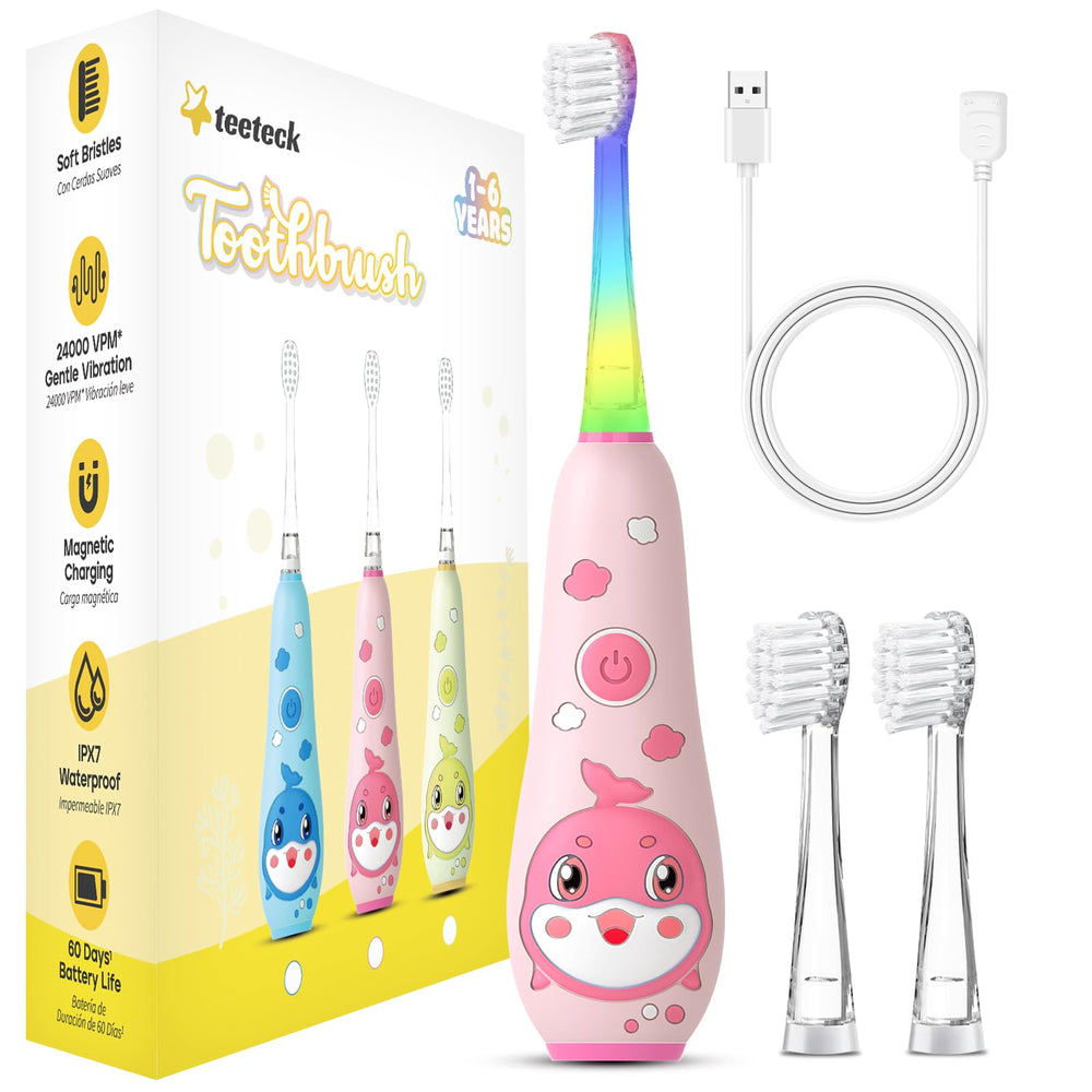 Pink teeteck kids electric toothbrush with front view