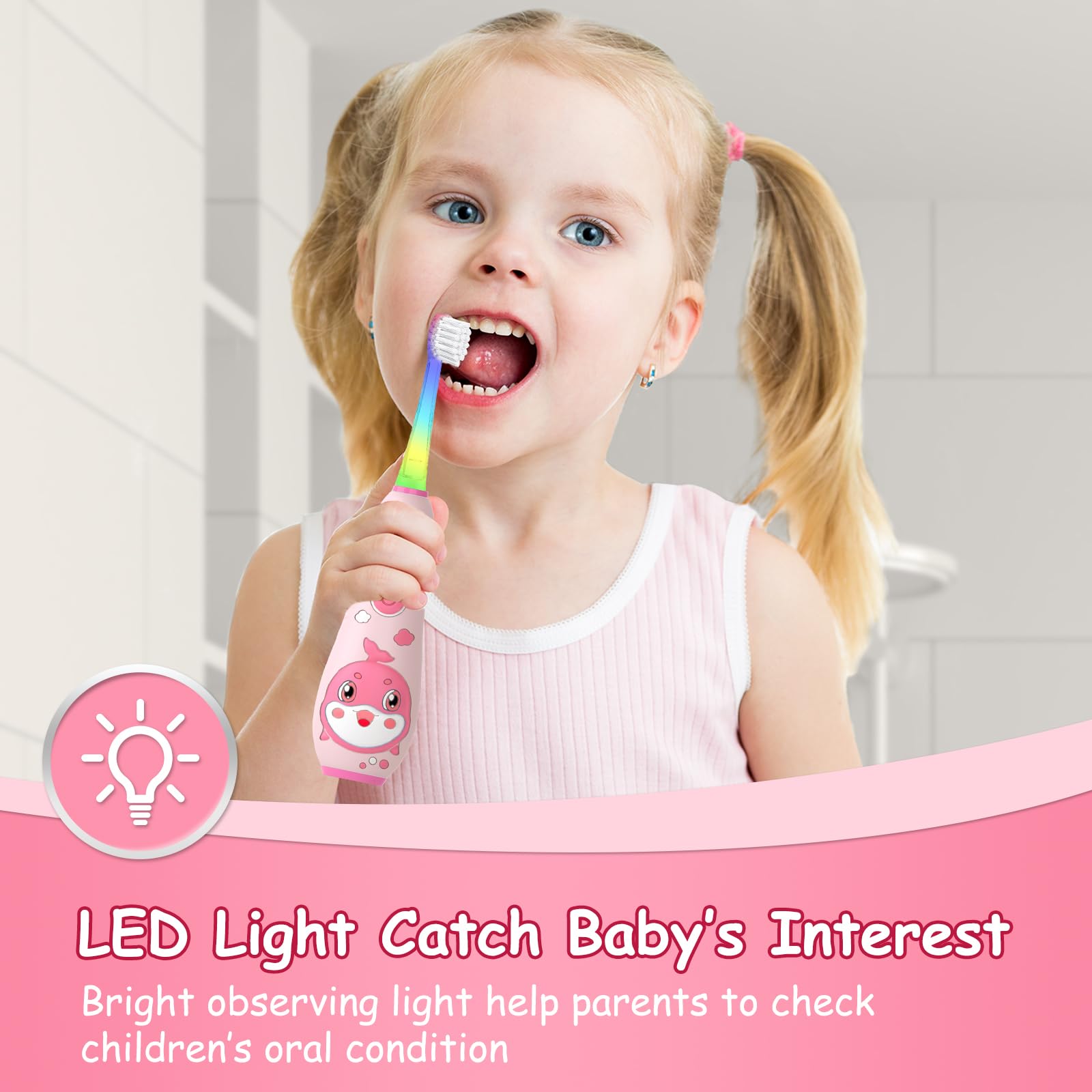 Side view of pink teeteck kids electric toothbrush