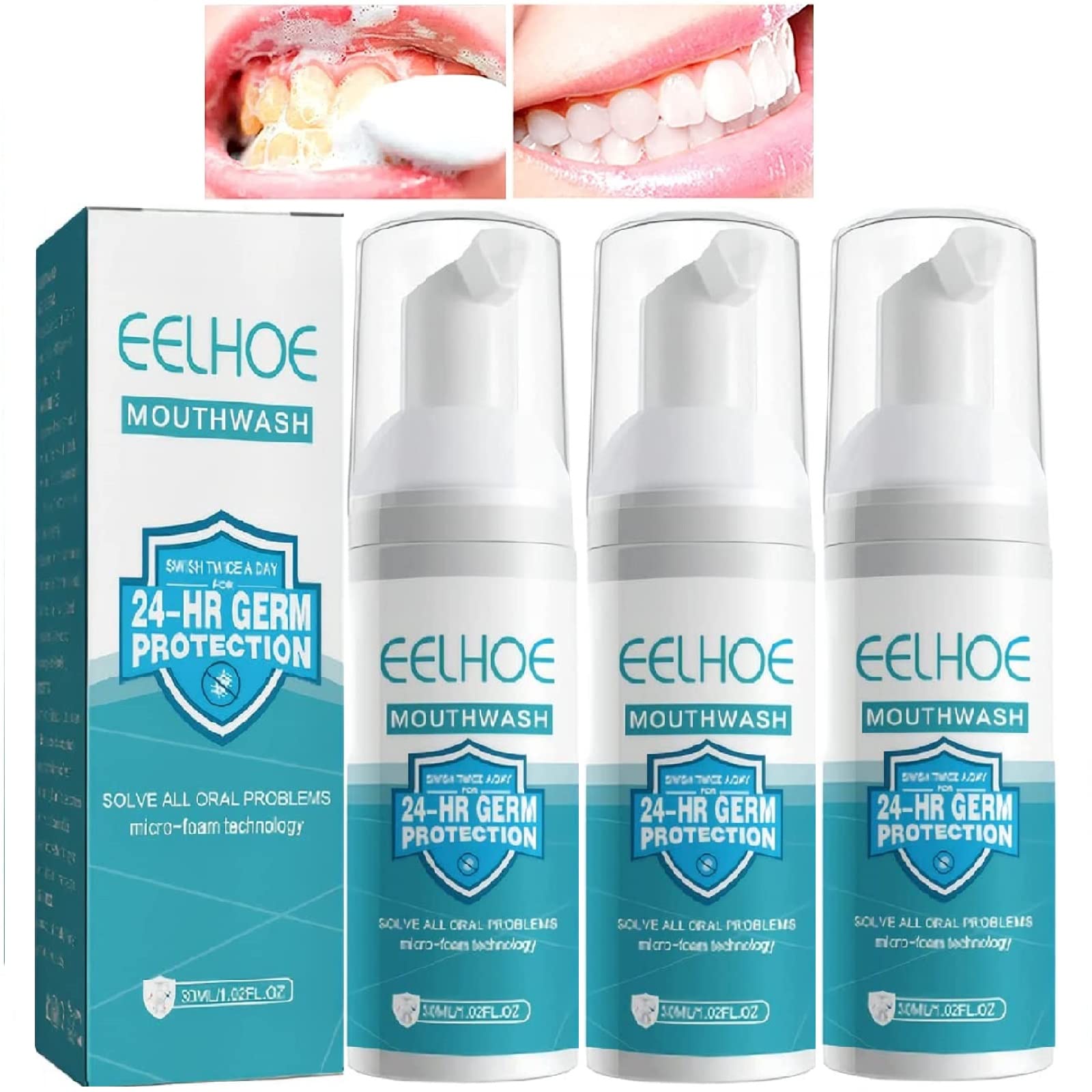 Three bottles of Teeth Mouthwash Foam package