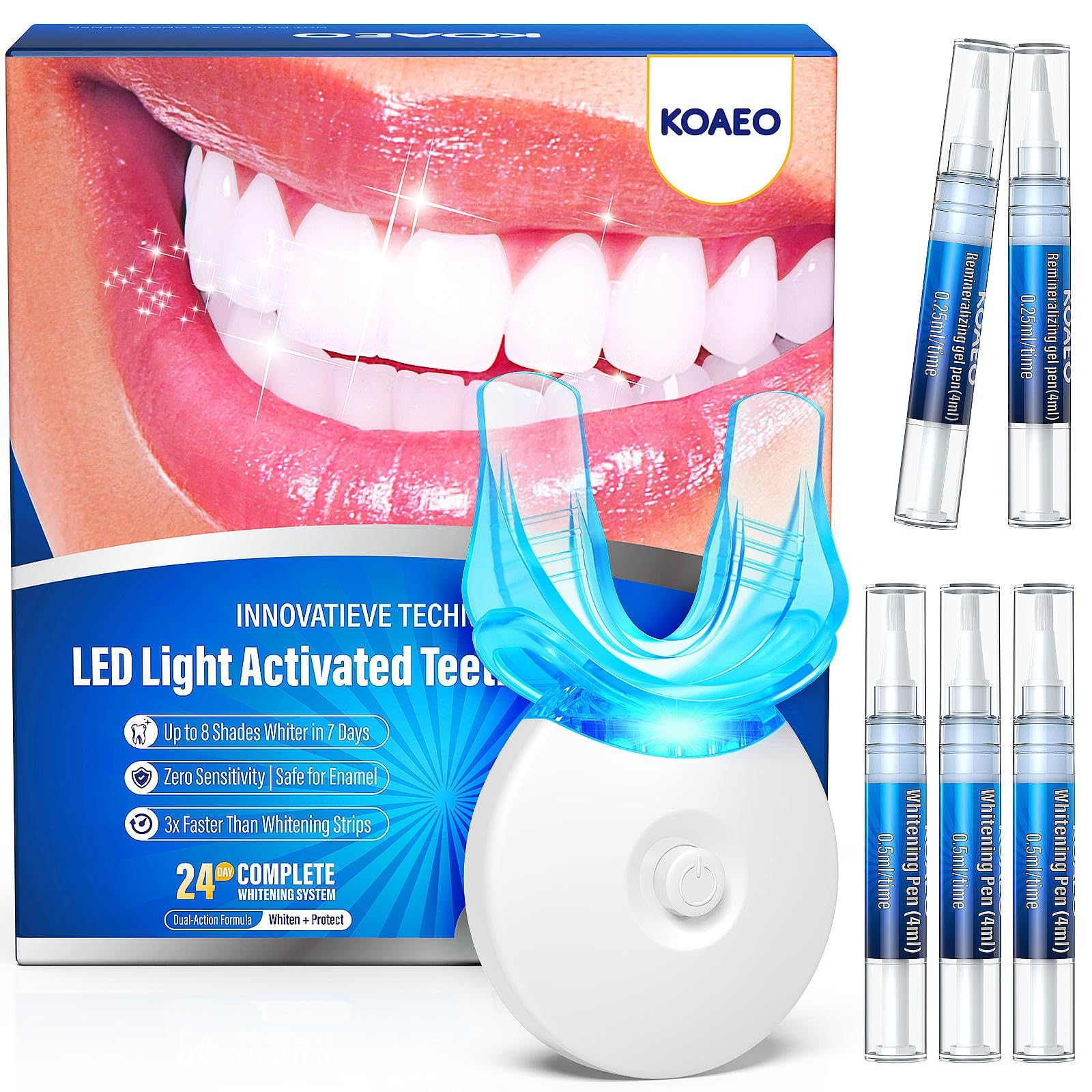 Teeth Whitening Kit with 3 whitening pens and 2 desensitizing pens displayed