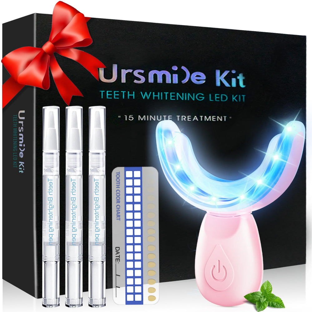 Teeth whitening kit in pink box with 16-LED light