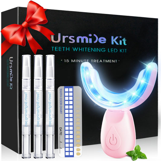 Teeth whitening kit in pink box with 16-LED light