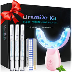 Teeth whitening kit in pink box with 16-LED light