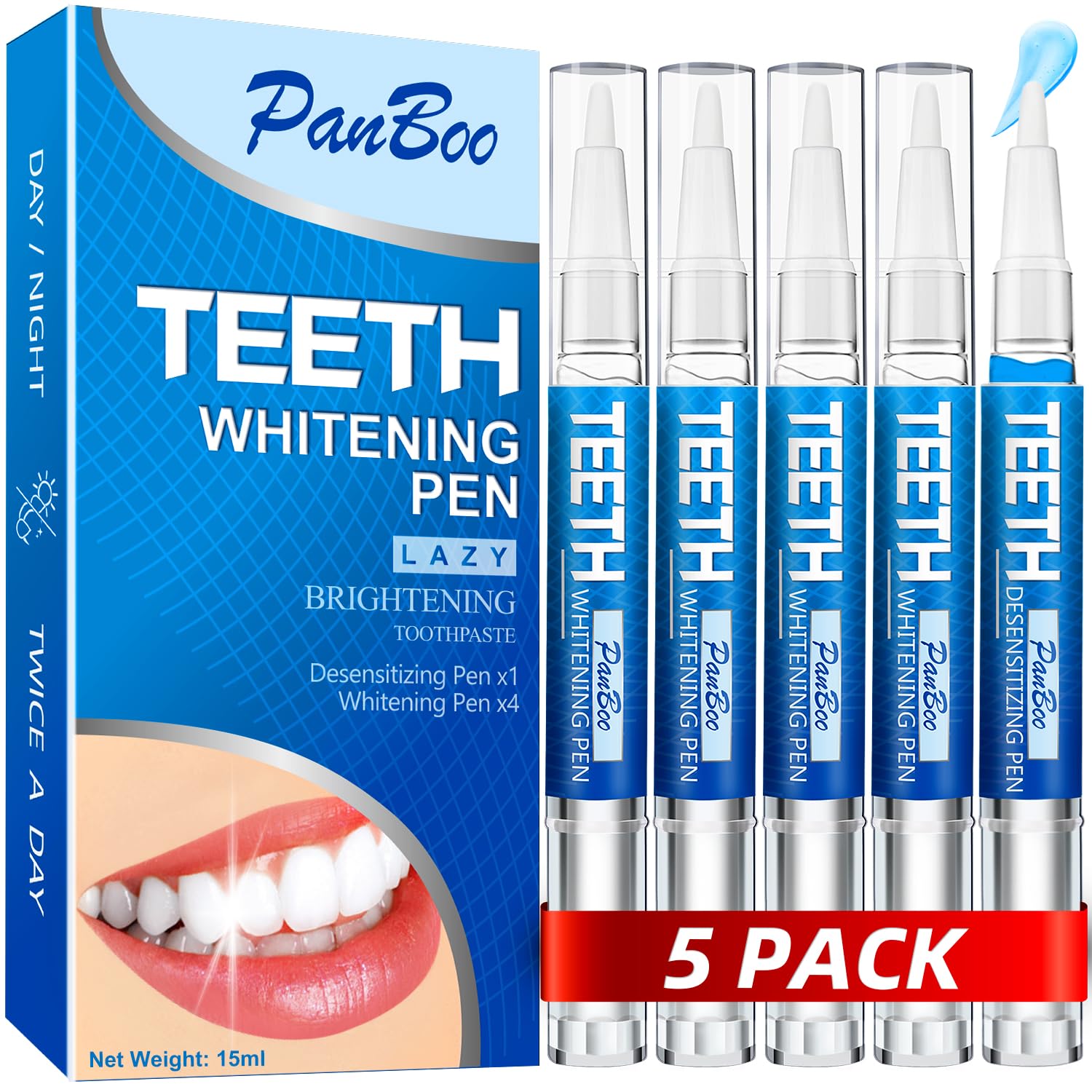 Teeth Whitening Pen 5-Pack box and pens