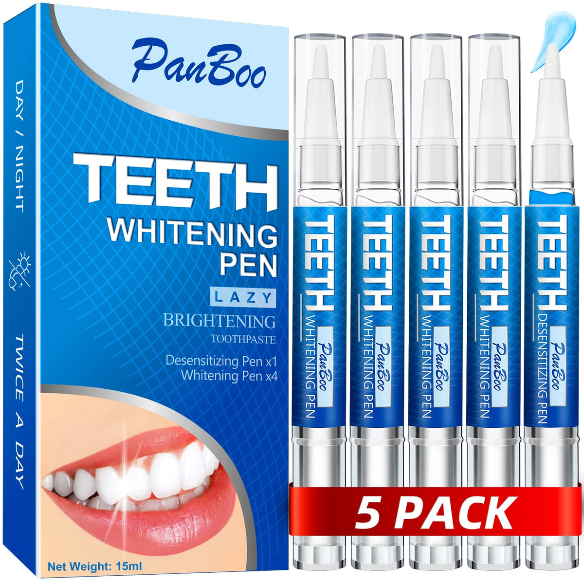 Teeth Whitening Pen 5-Pack box and pens