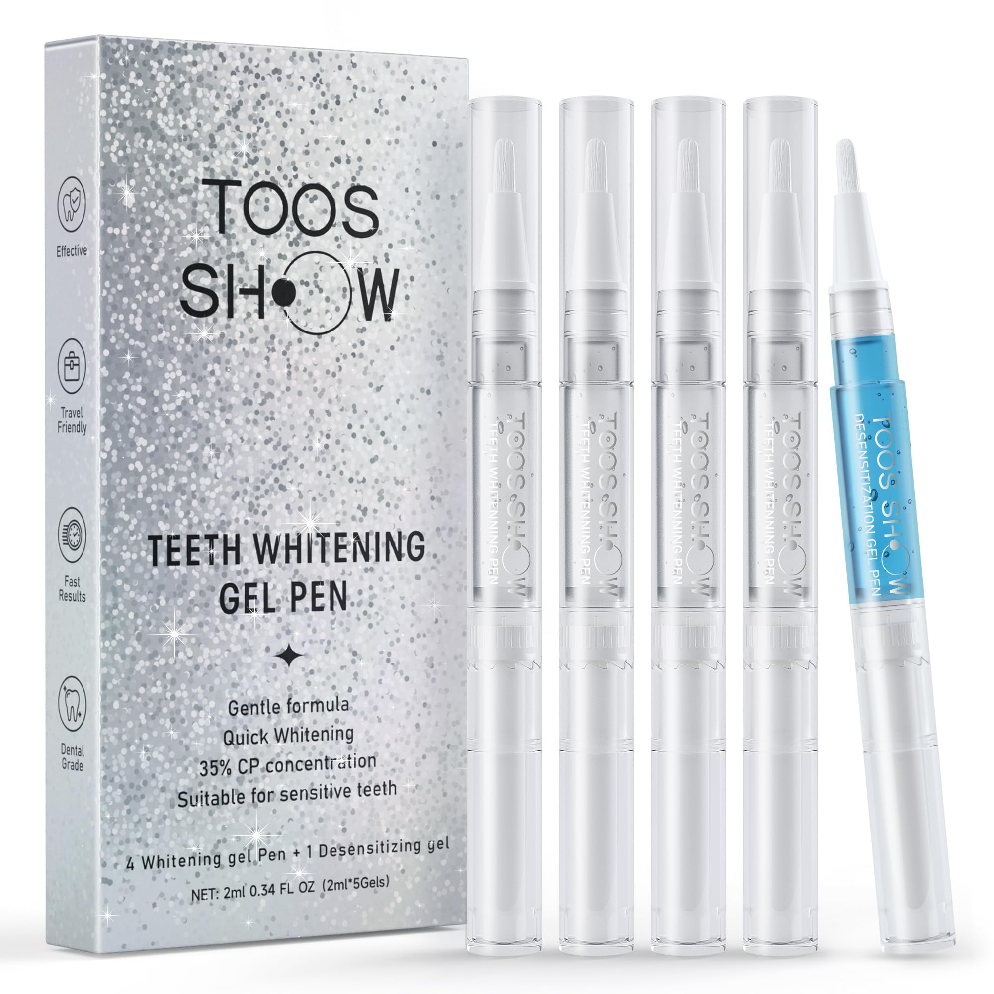 Boxed set of 5 teeth whitening pens with desensitizing gel