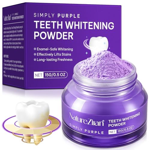 Teeth whitening powder in jar with scoop on white background
