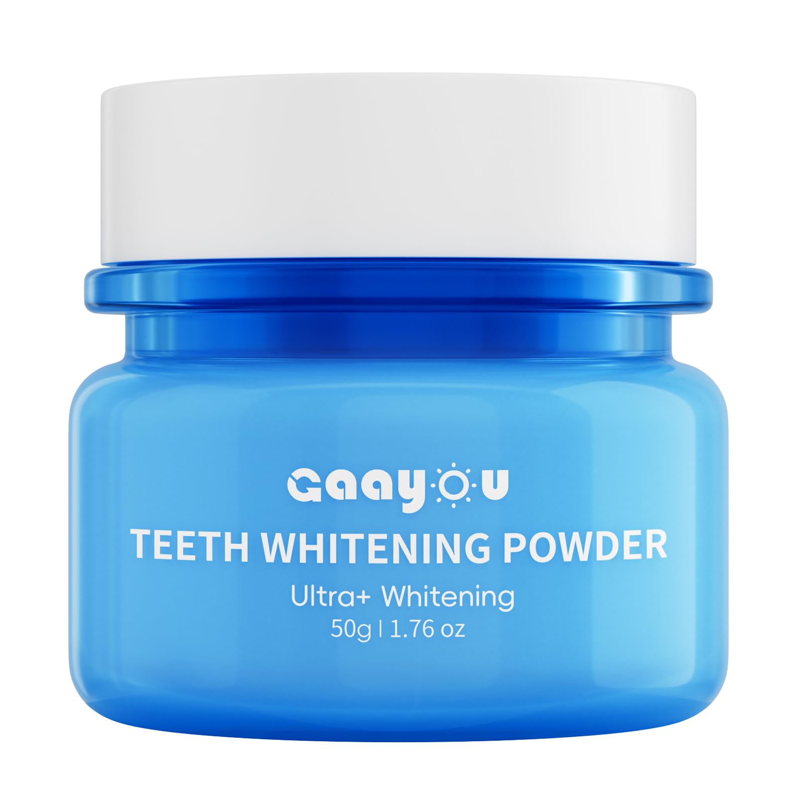 Close-up of mint-flavored teeth whitening powder jar and scoop