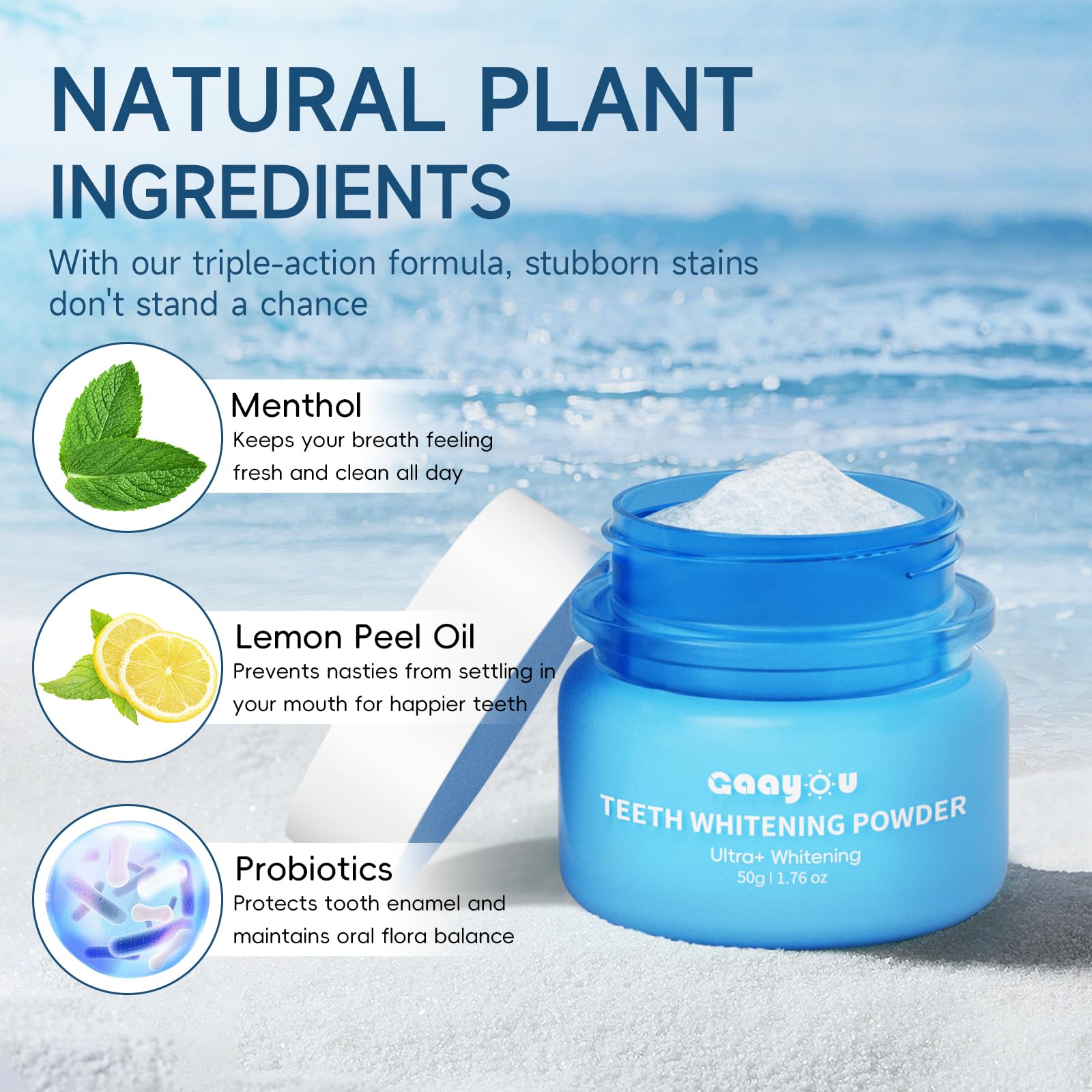 Mint-flavored tooth powder being dispensed