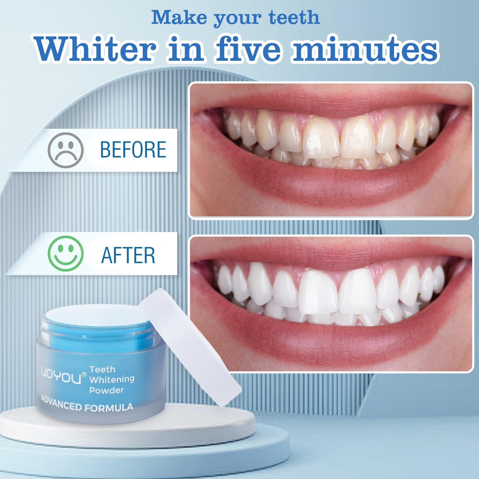 Brightened smile after using whitening powder