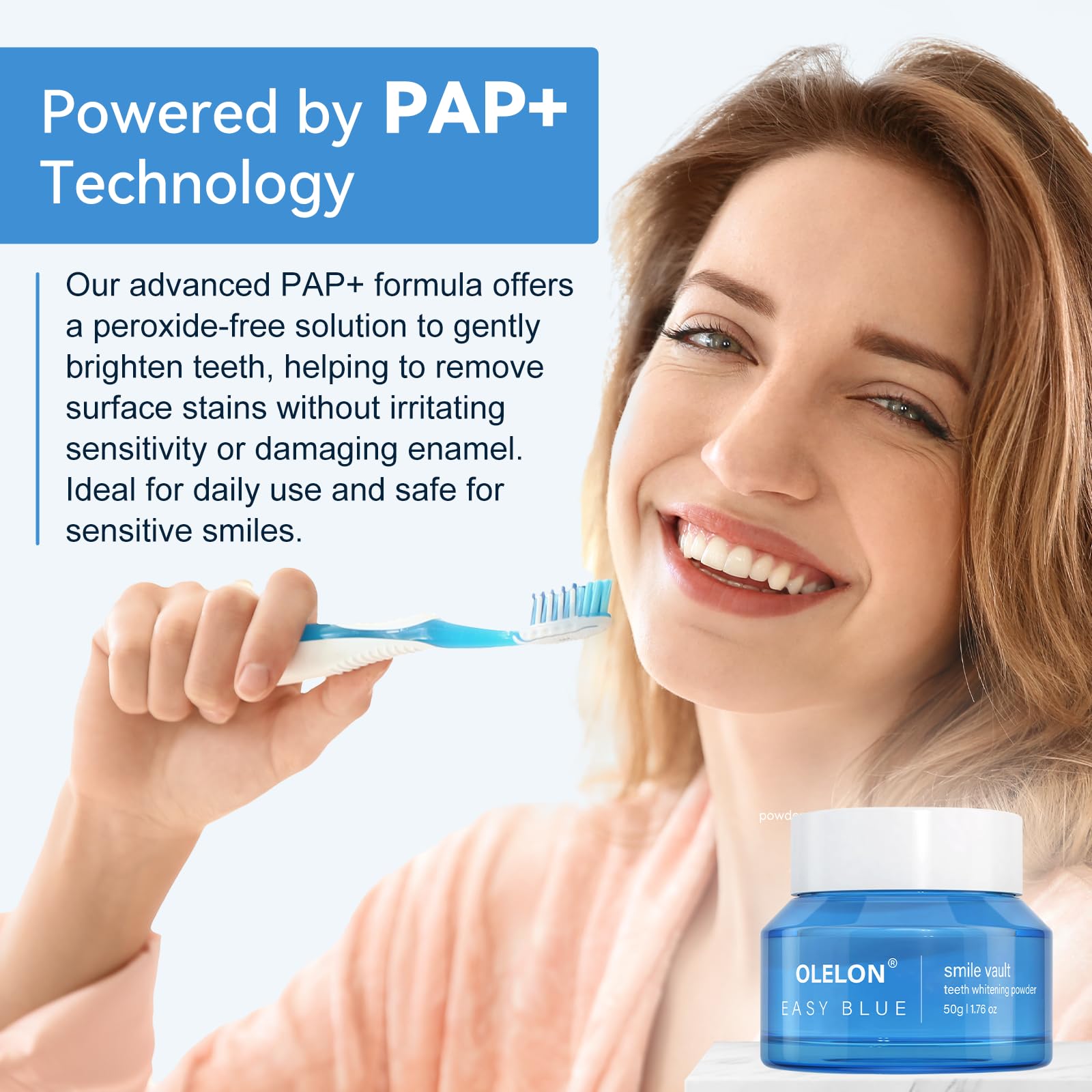 Enamel-safe whitening powder in use