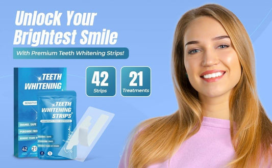 Teeth whitening strips being peeled and applied
