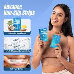Teeth whitening strips ready on teeth for whitening