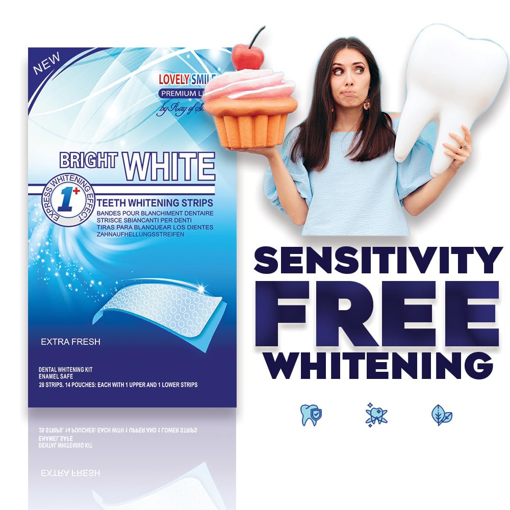 Illustration of peel, apply, and reveal steps for whitening strips