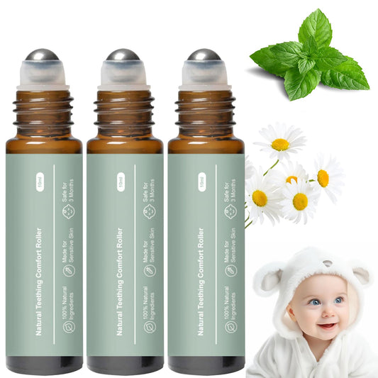 Teething roller bottle featuring chamomile and rose oil for babies