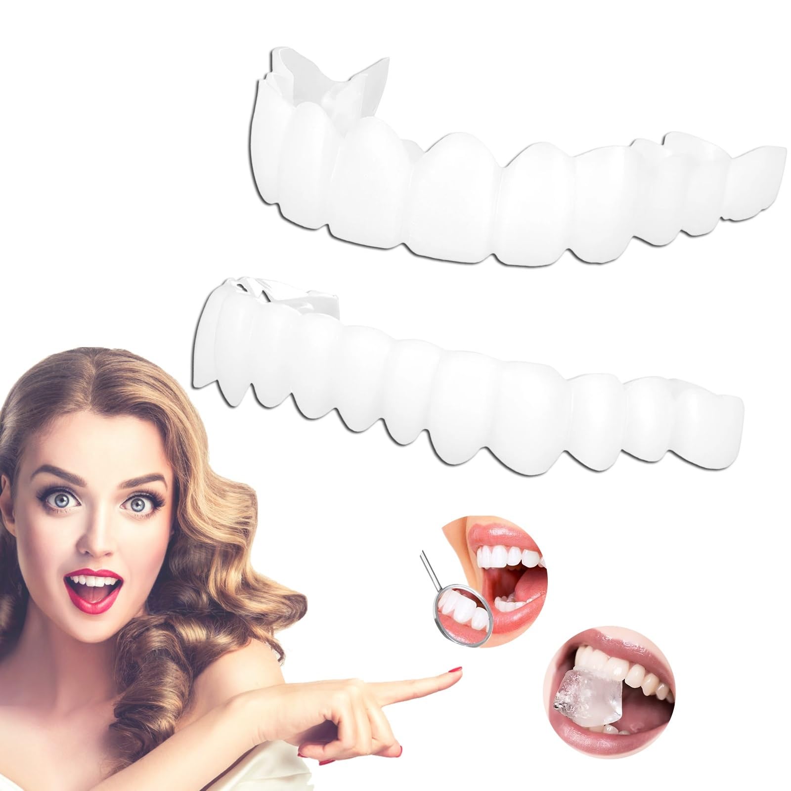 Model wearing a natural white temporary cosmetic smile at a wedding