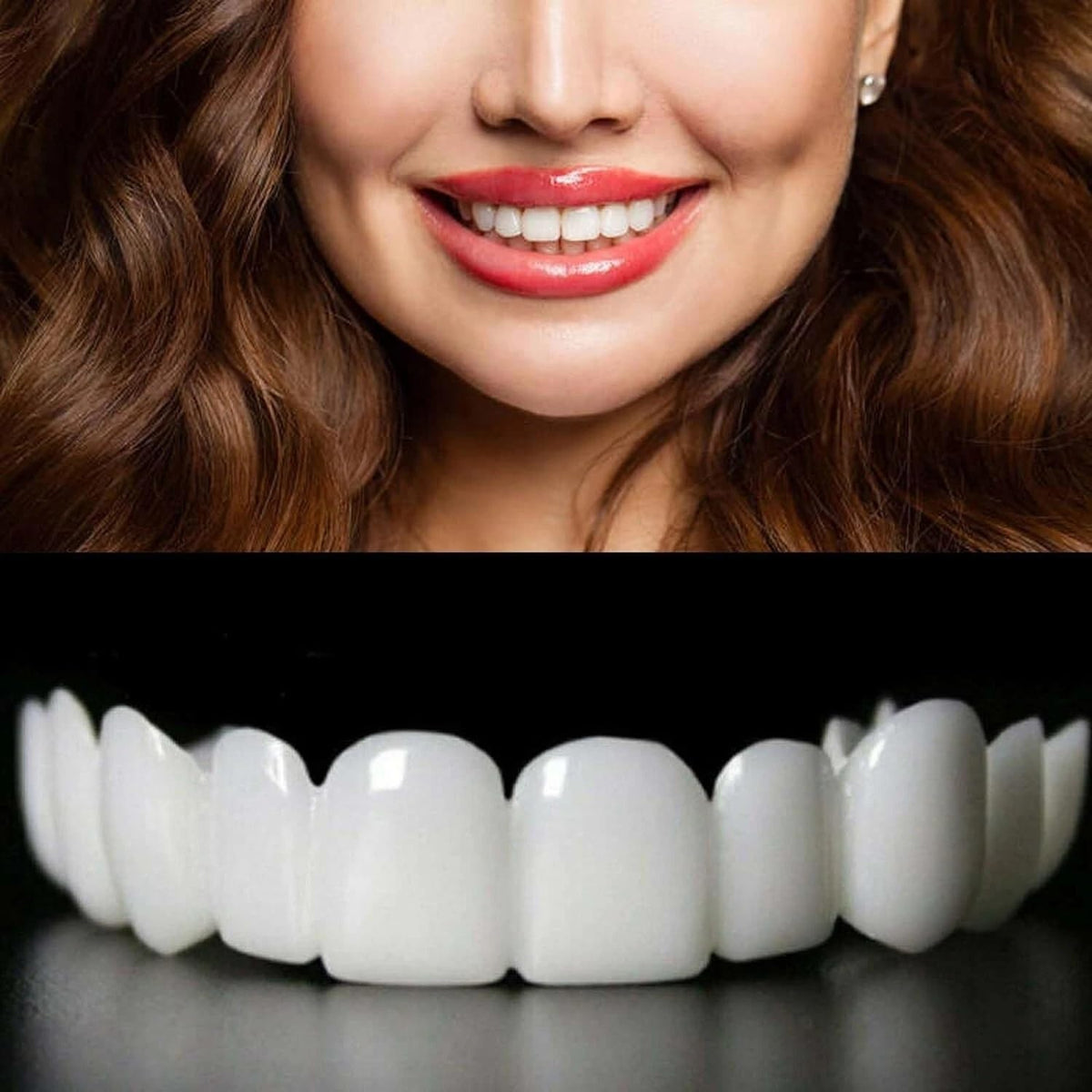 Two pairs of natural-looking temporary smile solutions for top and bottom teeth
