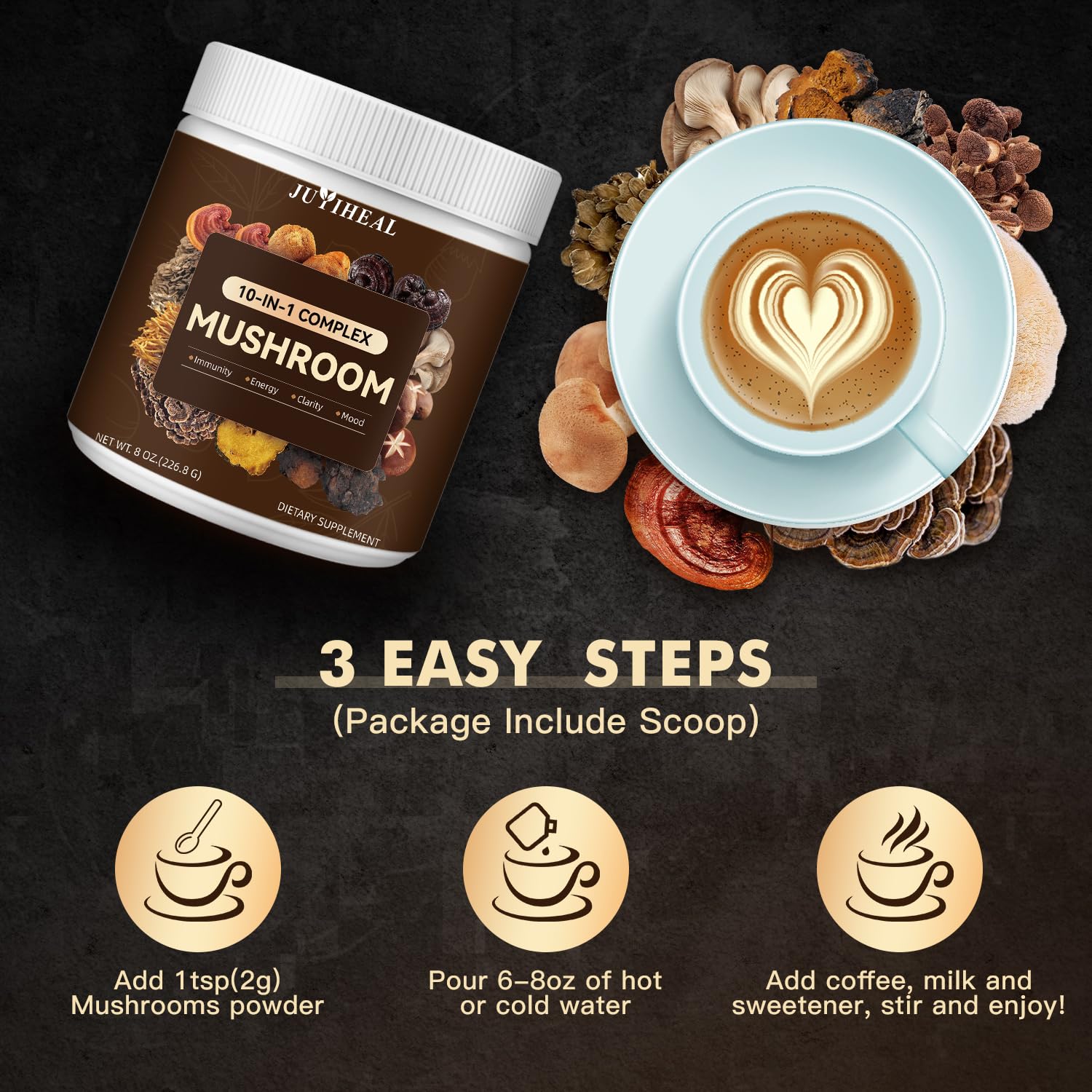8oz bottle packaging for ten-in-one mushroom powder