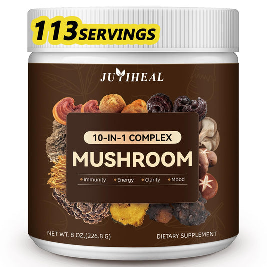 Front view of the 8oz bottle of ten-in-one mushroom powder