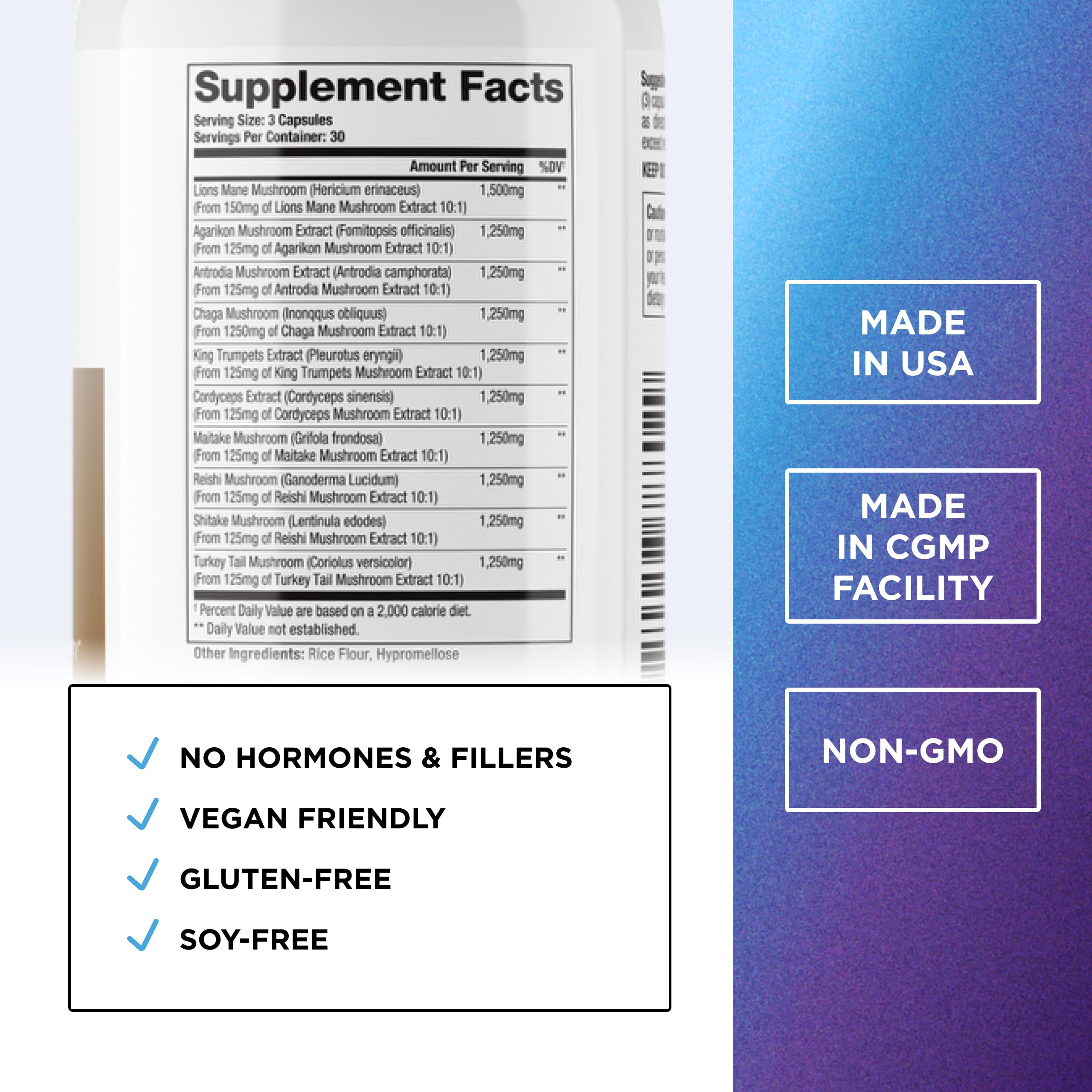 Close-up of ten-mushroom capsule ingredients