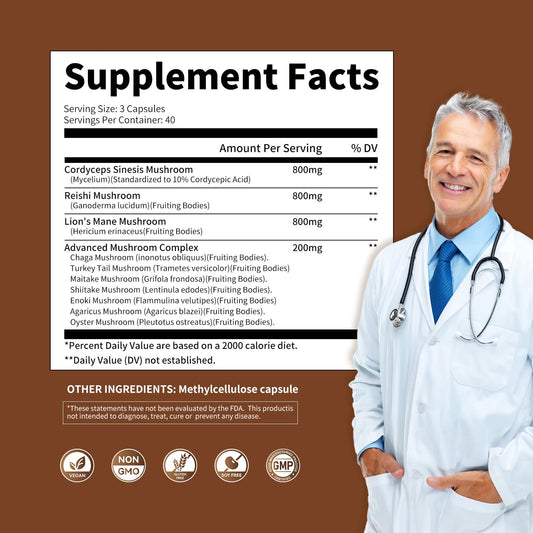 Ten mushroom blend collection including Cordyceps Reishi Lions Mane Chaga and more