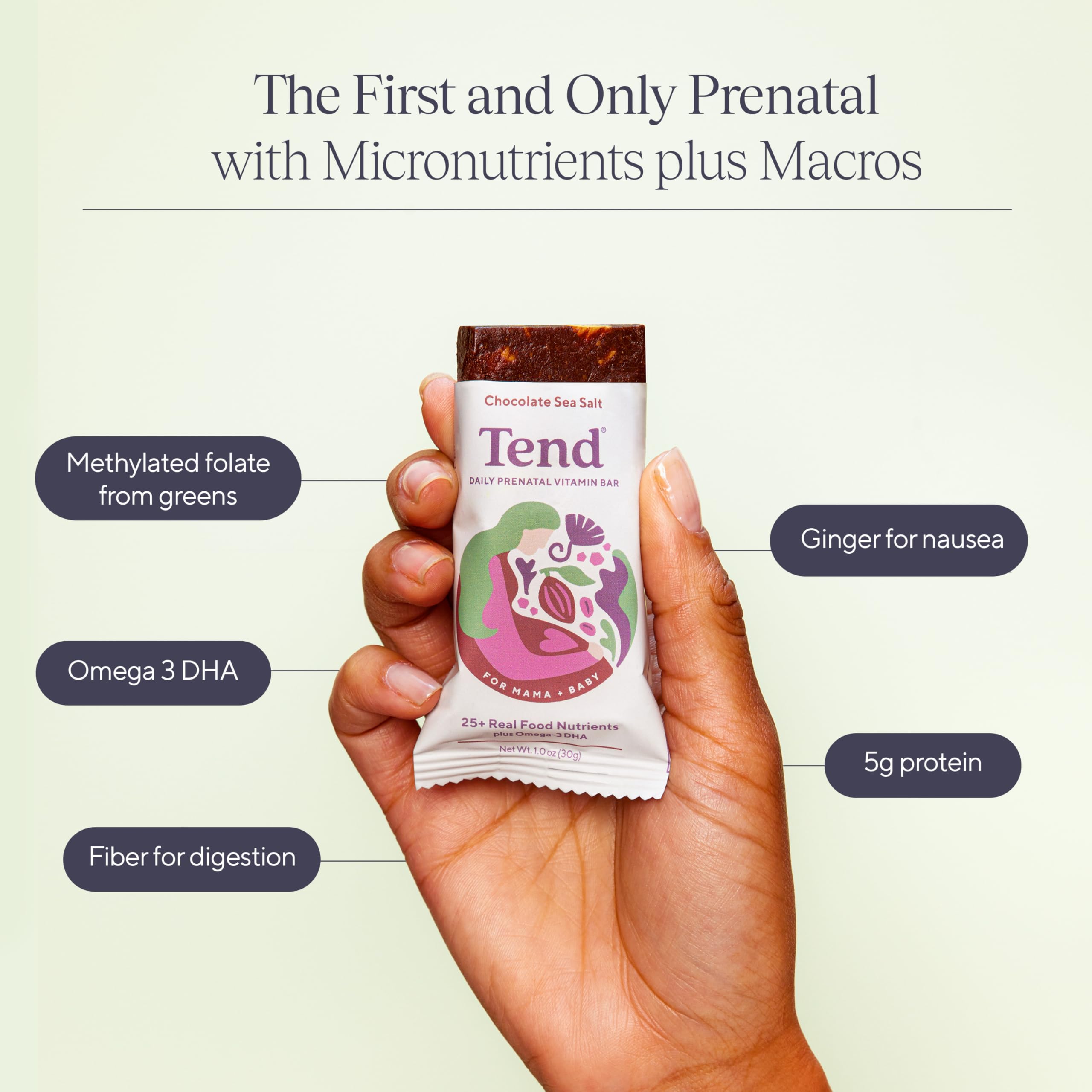 Close-up of Tend prenatal vitamin bar in chocolate sea salt