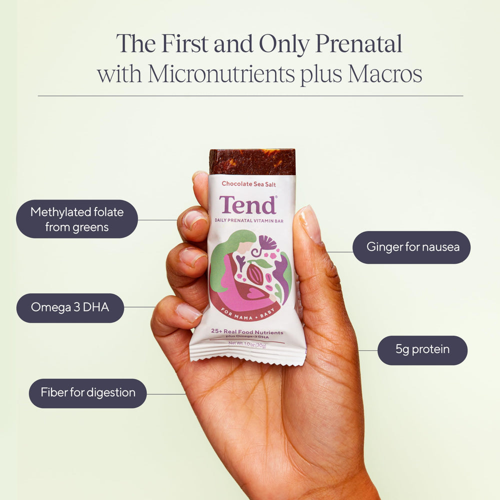 Close-up of Tend prenatal vitamin bar in chocolate sea salt
