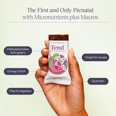 Close-up of Tend prenatal vitamin bar in chocolate sea salt