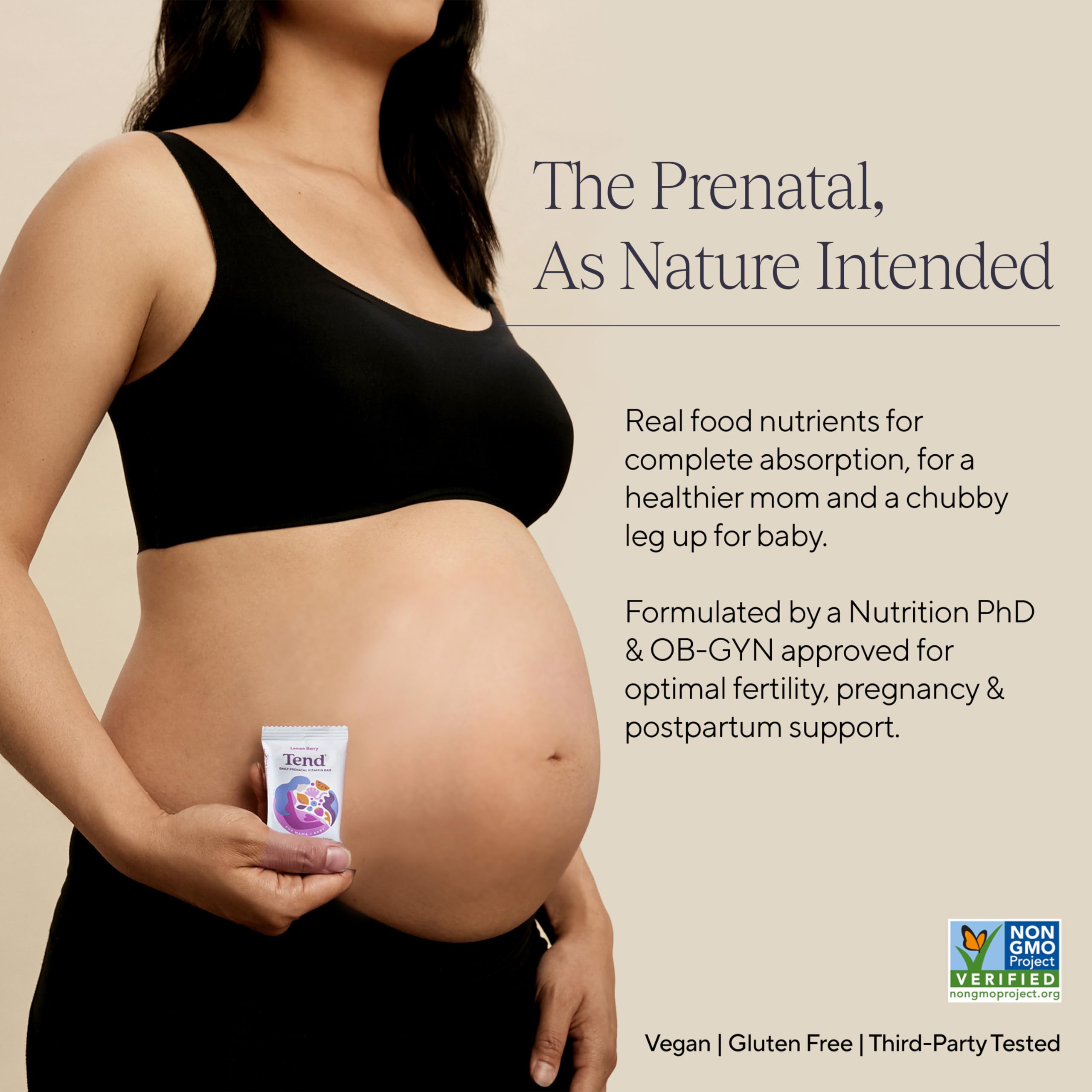 Ingredients of Tend prenatal bar showing organic components