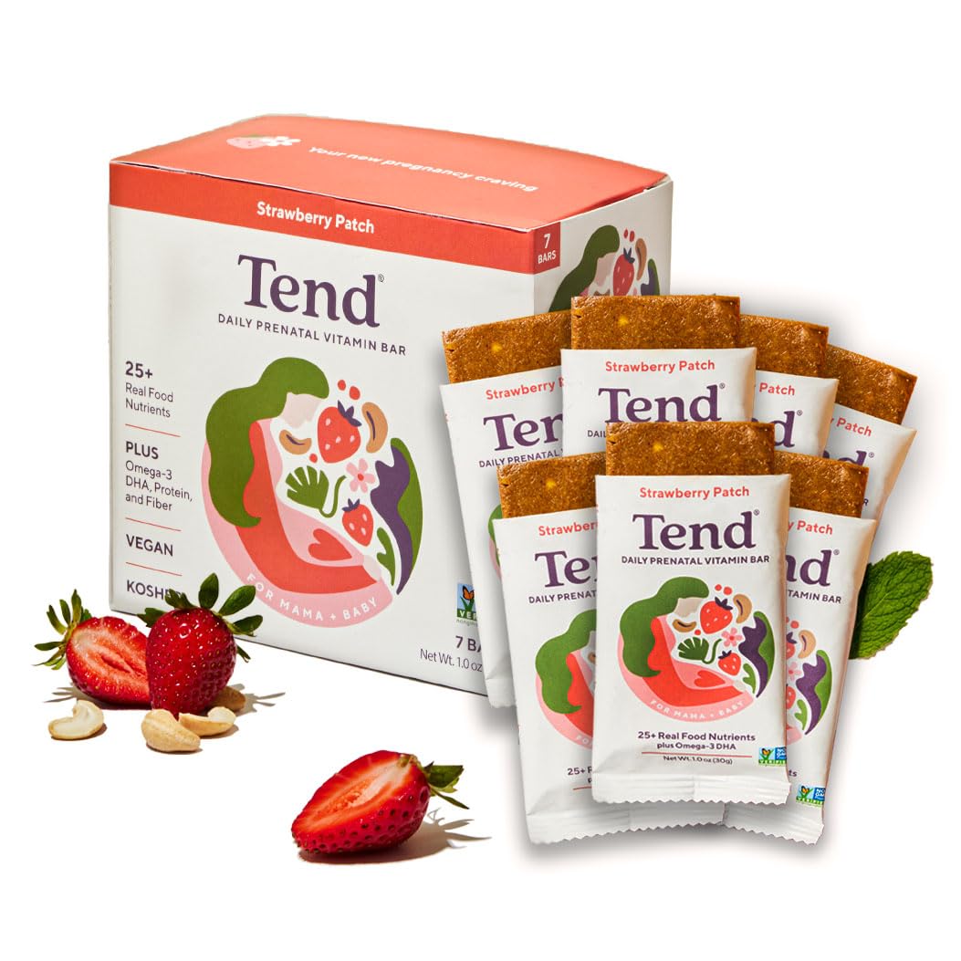 Front view of Tend Prenatal Vitamin Bar Strawberry Patch 7ct packaging