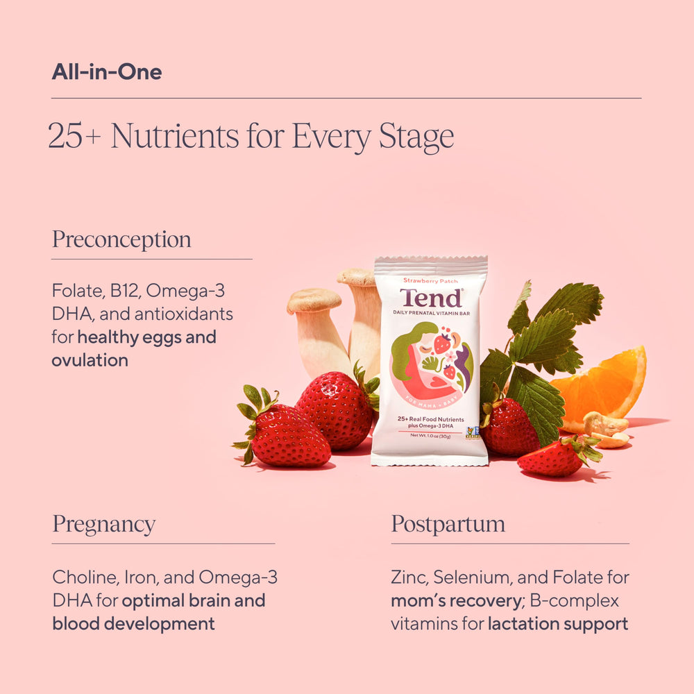 Tend Prenatal Bar Strawberry Patch packaging with nutrition information