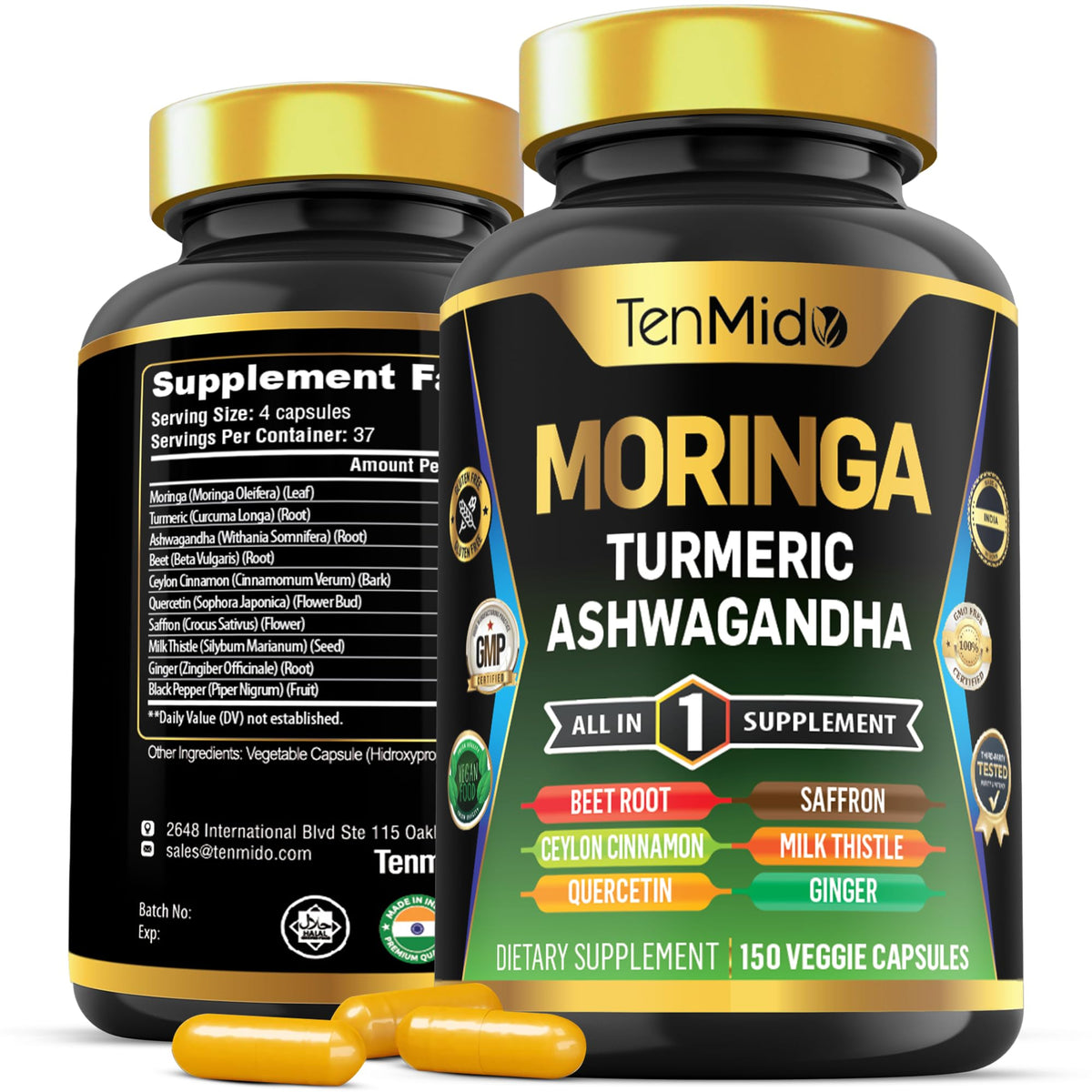 Front view of Tenmido Moringa Oleifera supplement bottle
