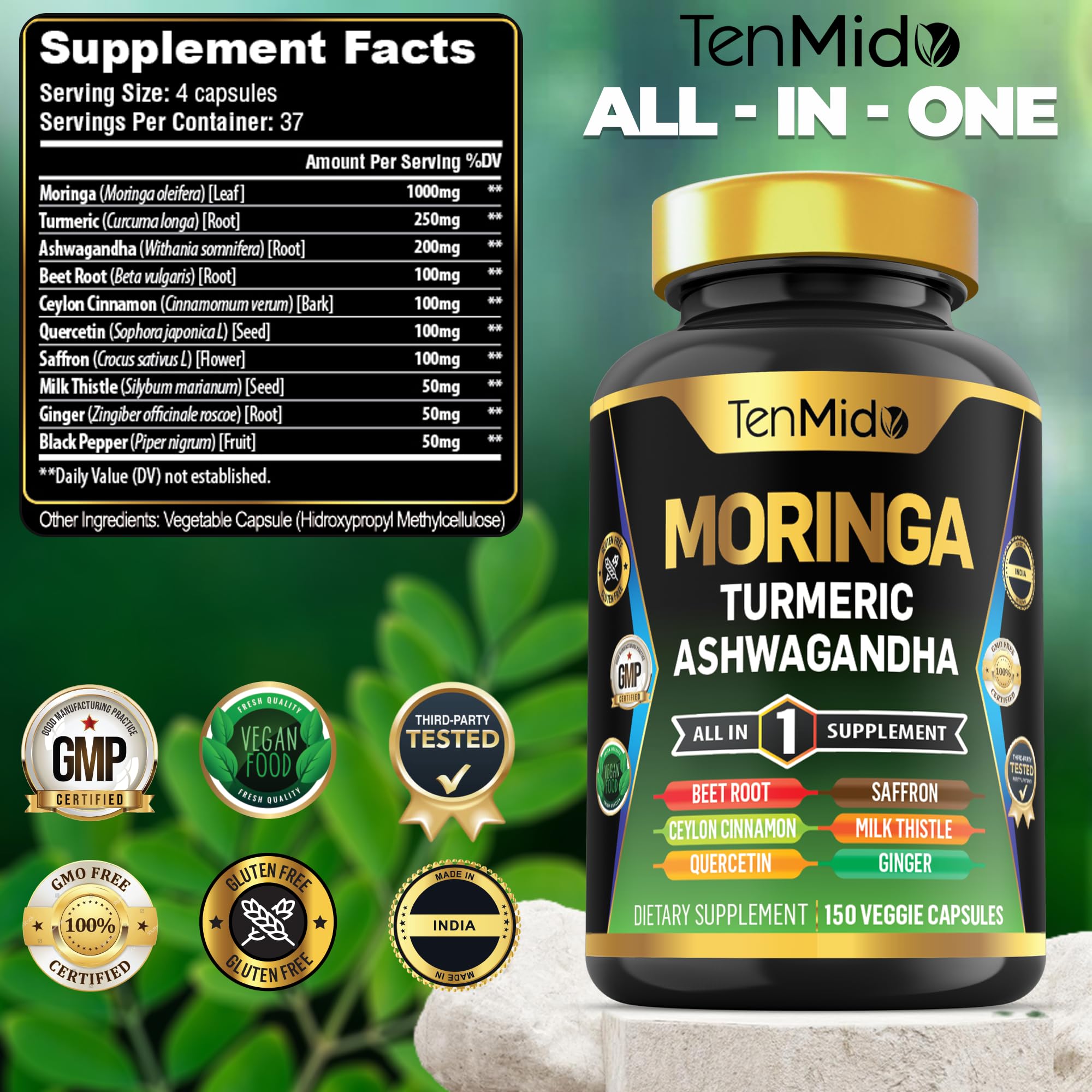 Close-up of Tenmido Moringa bottle label highlighting 10-in-1 formula