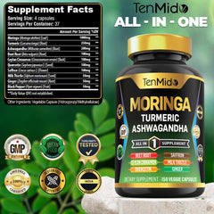 Close-up of Tenmido Moringa bottle label highlighting 10-in-1 formula