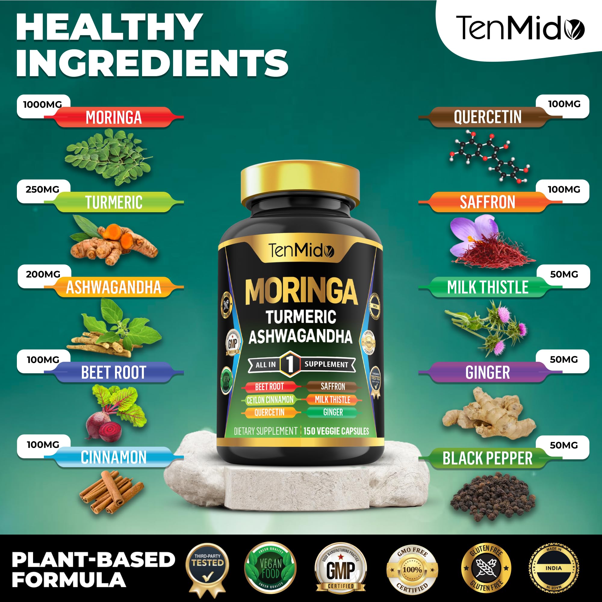 Ingredient highlights including Moringa, Turmeric, and Ashwagandha