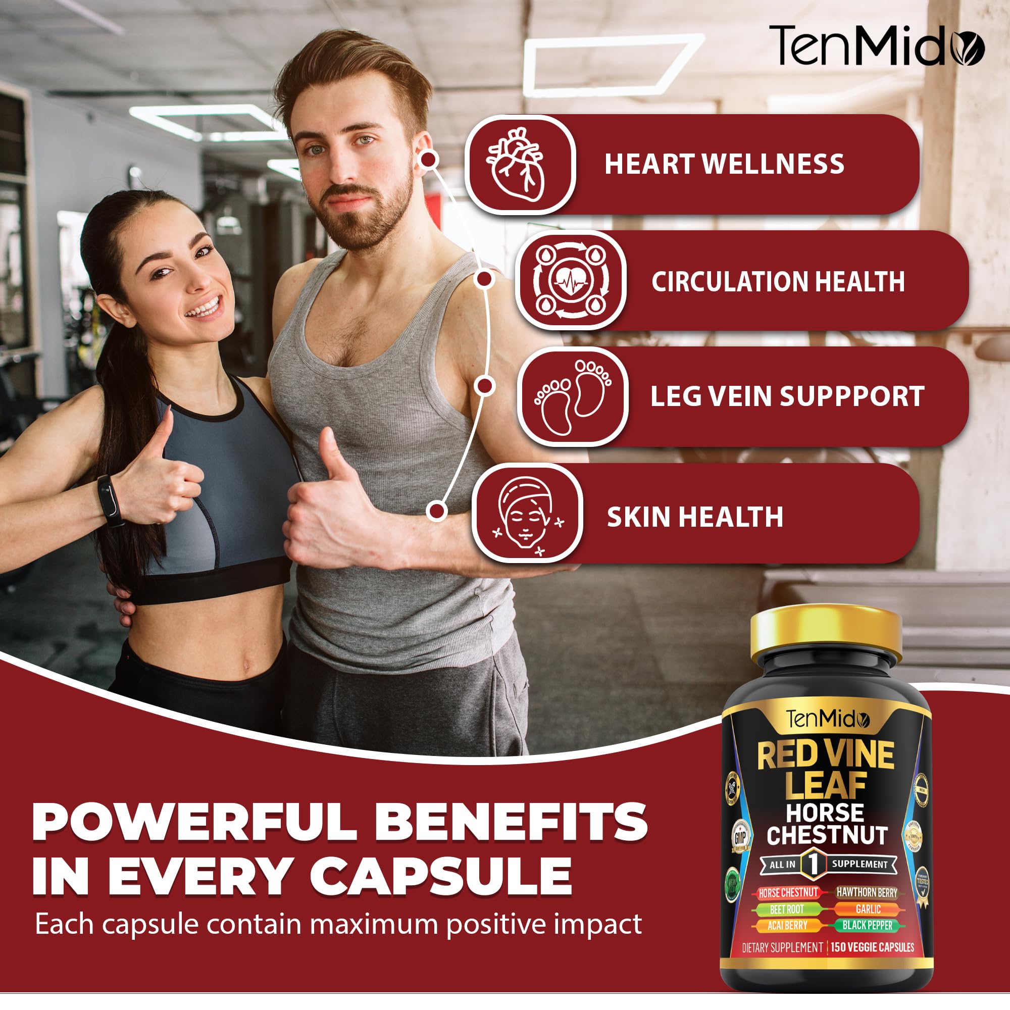 Front view of Tenmido 7-in-1 Red Vine Leaf supplement bottle label