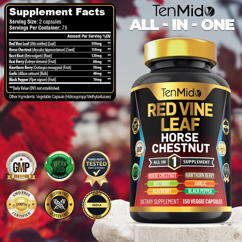 Open bottle showing 150 vegetarian capsules of Tenmido supplement