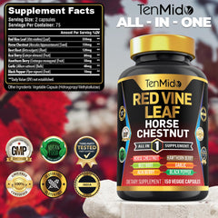 Open bottle showing 150 vegetarian capsules of Tenmido supplement