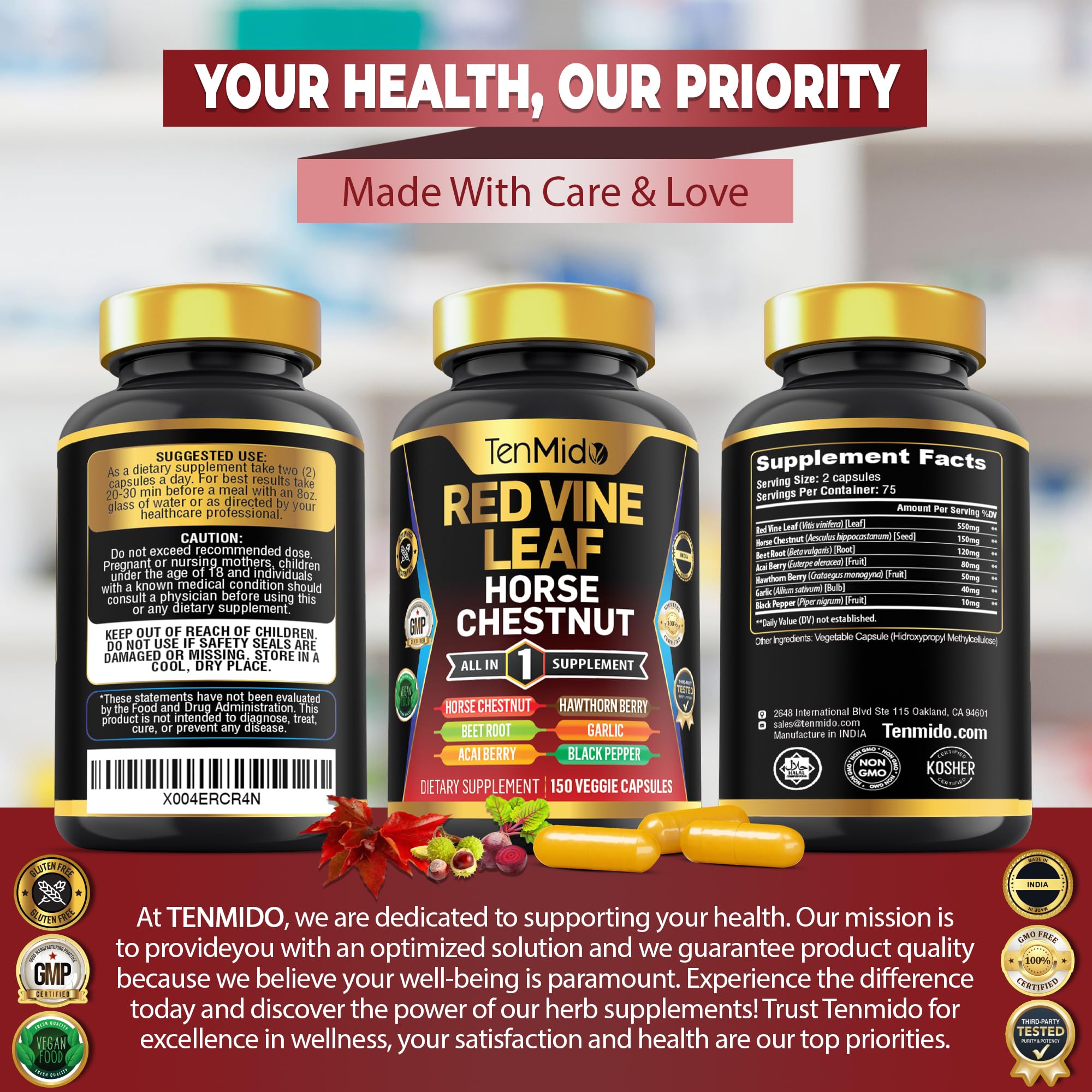 Lifestyle shot of Tenmido Red Vine Leaf Extract 7-in-1 on a clean surface