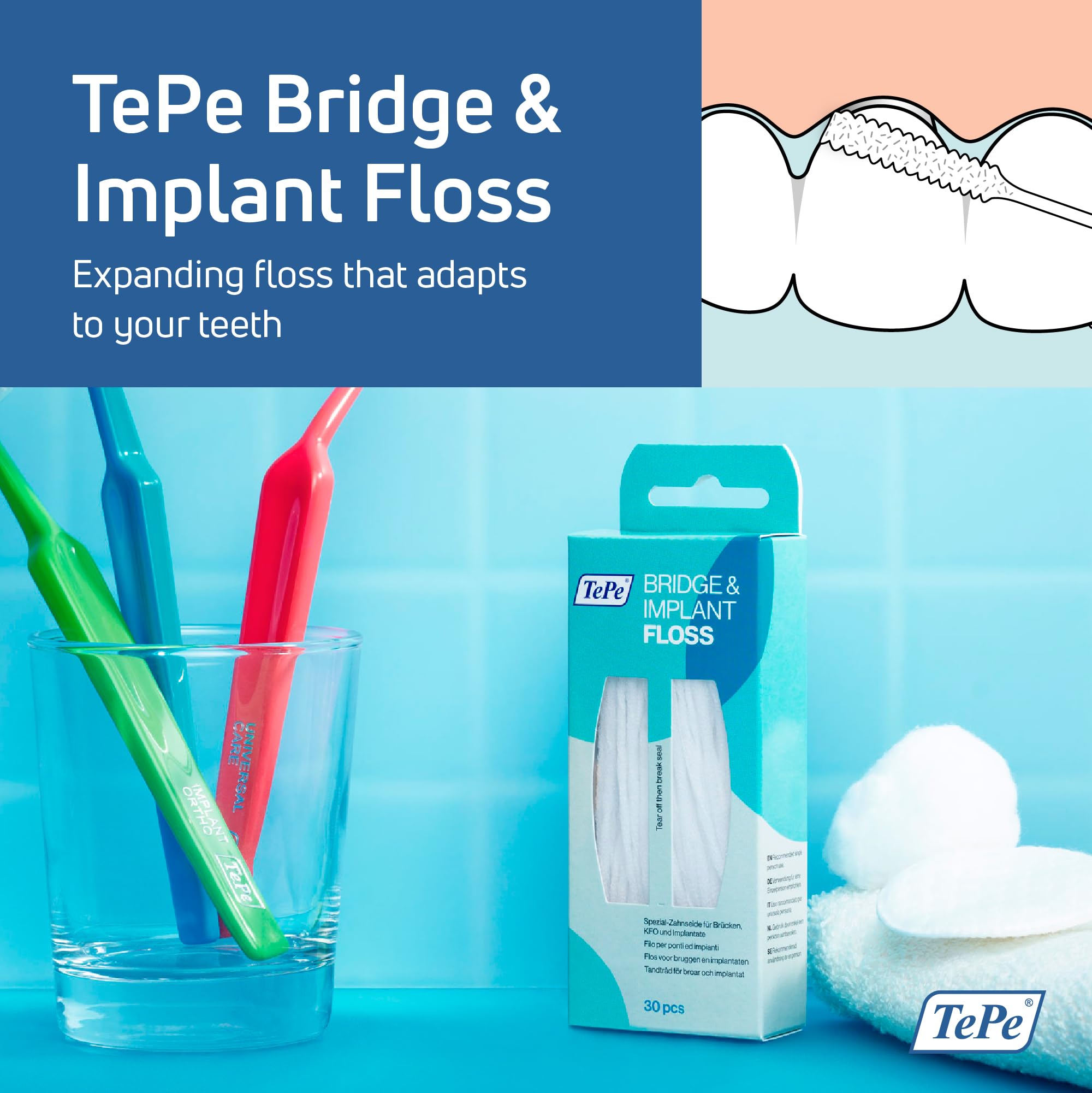 Product shot of TePe floss for implants and bridges