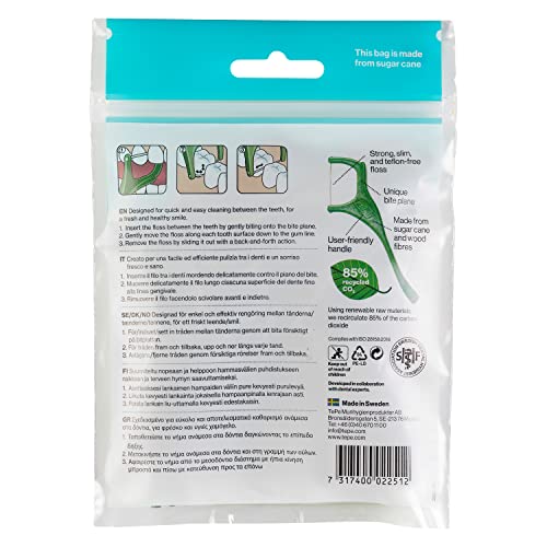 Close-up of TePe Mini Flosser floss between teeth